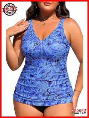 Plus Size Tankini Top Tummy Control V Neck Swim Top Adjustable Straps